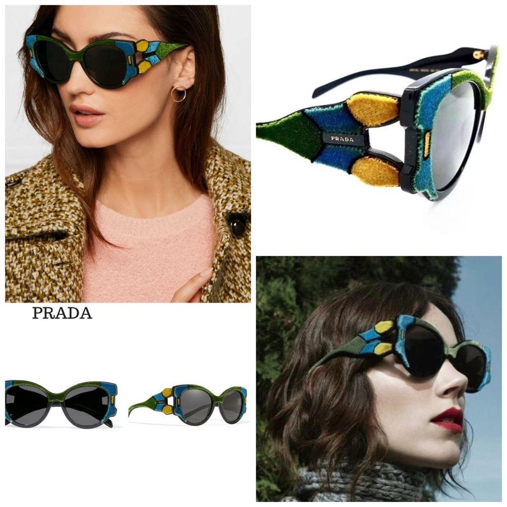 PRADA Tapestry Square Velvet Pr10us Azure Green Color Block Black Sunglasses 10u